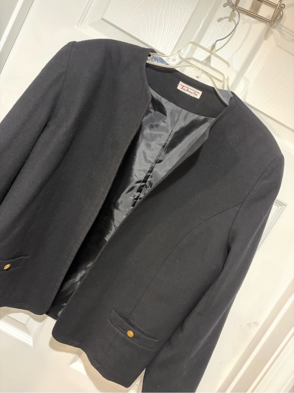 TALBOTS Black Wool Cropped Jacket - Classic Collarless Design w/Gold Buttons